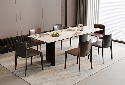 Modern Italian Dining Table and Chair Combination Leather Dining Chair Type Chandelier Decoration Rock Plate Dining Table Curtain Carpet 3d model