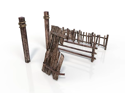 Rustic Wooden Posts And Collapsed Fence Structure For Outdoor Garden Decor 3d model