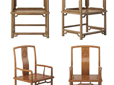 Traditional Wooden Dining Chairs Design With Carved Back Armrests And Solid Wood Frame 3d model
