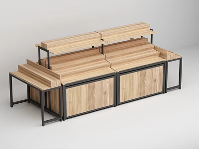 Modern Fruit Store Wooden Shelves With Black Metal Frames And Layered Design For Displaying Fruits 3d model