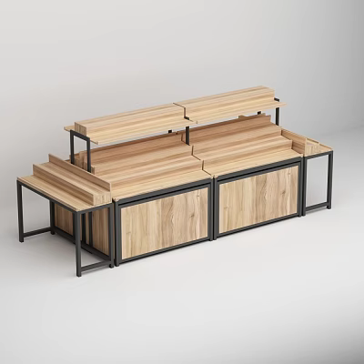 Modern Fruit Store Wooden Shelves With Black Metal Frames And Layered Design For Displaying Fruits 3d model