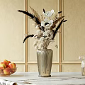 Silver Gray Vase With White Flowers And Feathers Against Beige Wooden Wall In Modern Interior