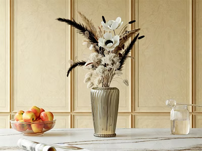 Silver Gray Vase With White Flowers And Feathers Against Beige Wooden Wall In Modern Interior 3d model