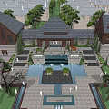 Traditional Chinese Courtyard Entrance Gate With Water Feature Stone Steps And Greenery