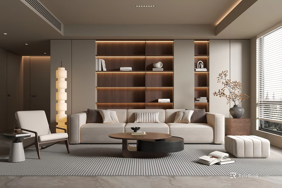 Modern Living Room Interior Design With Beige Sofa Coffee Table And Wooden Bookshelf 3d model 
