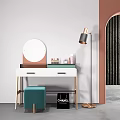Modern Turquoise Vanity Table With Round Mirror Stool And Cosmetics Drawers 3d model