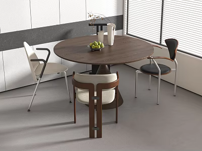 Modern Round Dining Table With Chairs Vase And Fruits In Bright Room 3d model