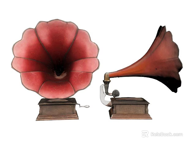 Smart Machines Vintage Gramophones With Petal Shaped And Curved Horns On Wooden Bases 3d model 
