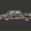 Rusted Vintage Car With Damaged Body And Peeling Paint On Black Reflective Surface