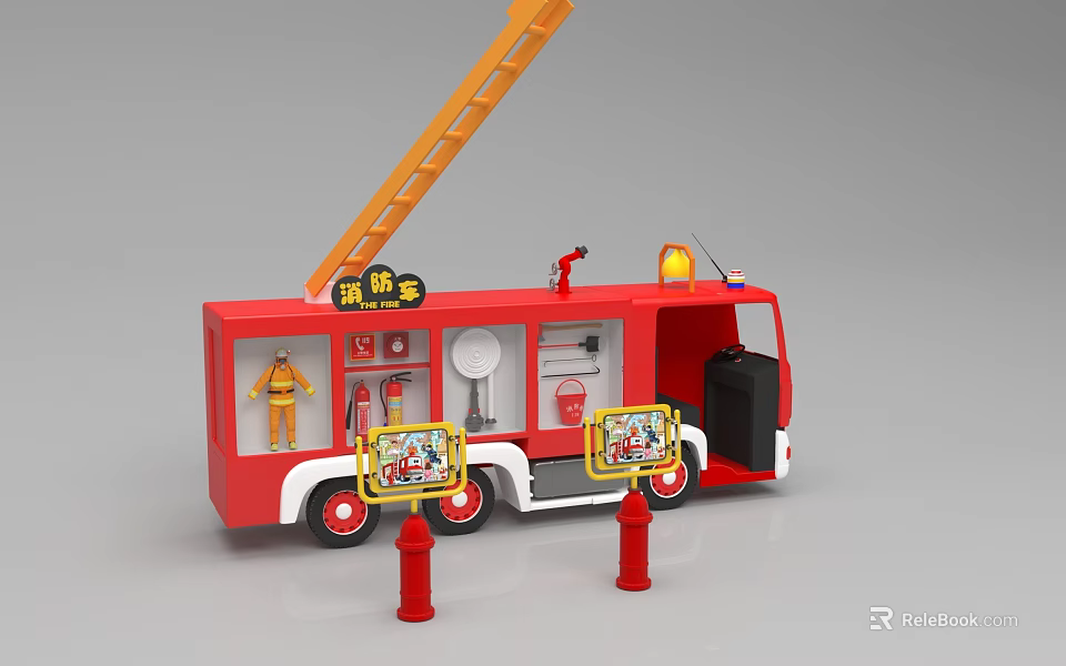 Showcase Shelf Displaying Red Fire Truck Toys Firefighter Figurine and Hydrant Models 3d model 