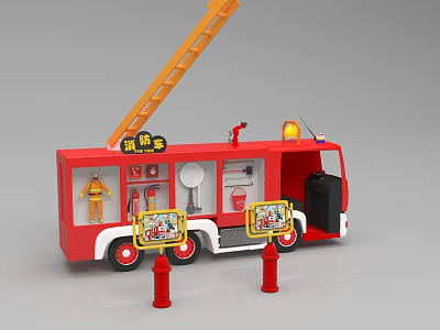 Showcase Shelf Displaying Red Fire Truck Toys Firefighter Figurine and Hydrant Models 3d model
