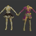 Two Character Outfits With White Gold Armor And Purple Costume Design Elements