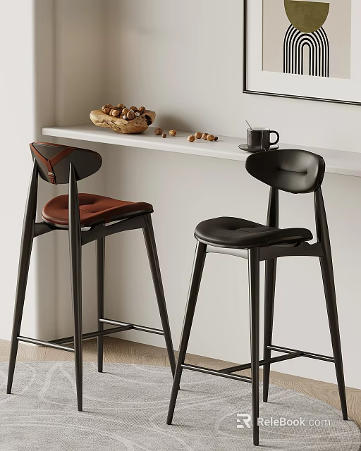 Modern Stylish Bar Stools With Brown Black Seats Wooden Frame At White Kitchen Counter 3d model 