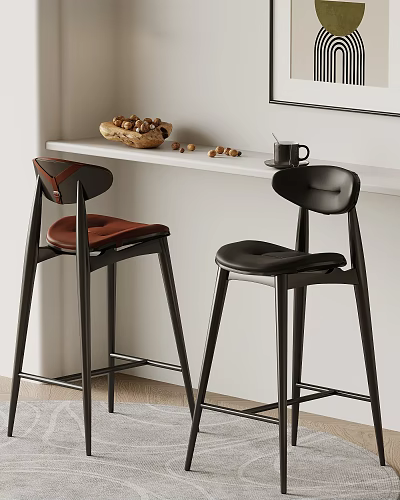 Modern Stylish Bar Stools With Brown Black Seats Wooden Frame At White Kitchen Counter 3d model