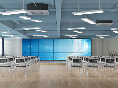 Modern Conference Room With Blue Large Screen Neatly Arranged White Chairs And Wooden Floor 3d model