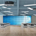 Modern Conference Room With Blue Large Screen Neatly Arranged White Chairs And Wooden Floor