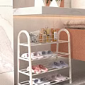 Multi Tiered White Shoe Rack Organizer with Slippers and Toiletries in Bathroom