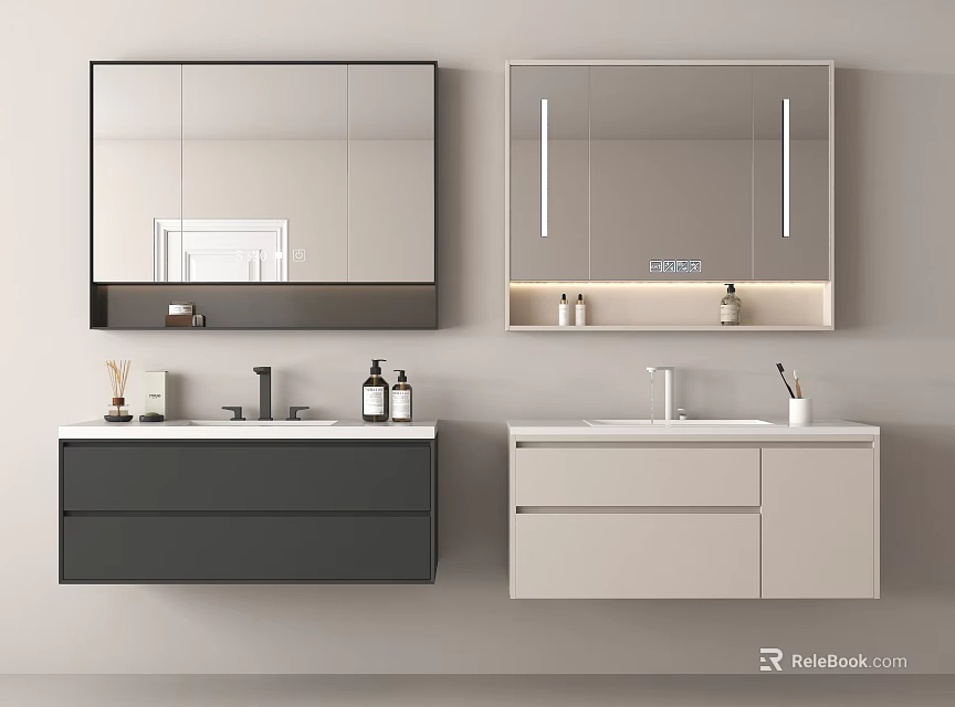 Modern Double Bathroom Cabinet With LED Mirror Sink Dark Light Gray And Toiletries 3d model 