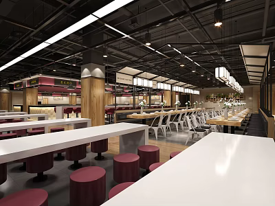 Modern Restaurant Interior With Spacious Layout Long White Tables Red Bar Stools And Wooden Elements 3d model