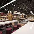 Modern Restaurant Interior With Spacious Layout Long White Tables Red Bar Stools And Wooden Elements 3d model