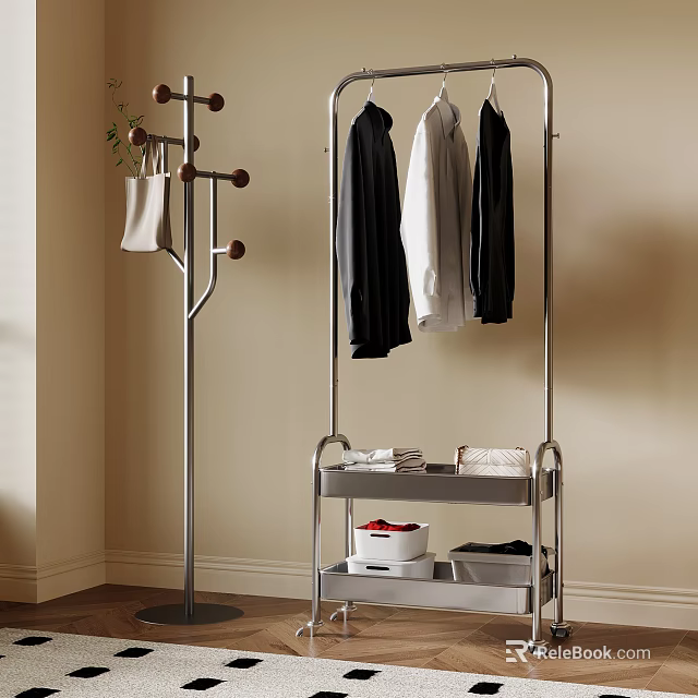 Stylish Metal Clothes Racks With Hooks Hanging Clothes And Multi tier Shelves Holding Towels And Boxes 3d model 