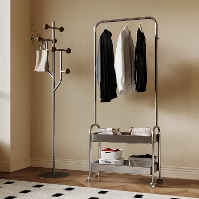 Stylish Metal Clothes Racks With Hooks Hanging Clothes And Multi tier Shelves Holding Towels And Boxes 3d model