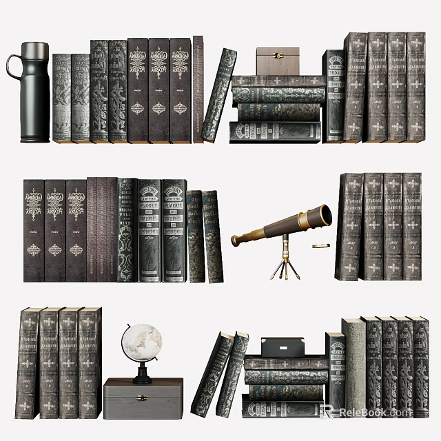 Vintage Books Collection Featuring Old Books Stack Globe And Telescope 3d model