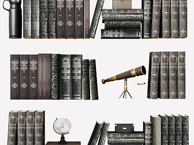 Vintage Books Collection Featuring Old Books Stack Globe And Telescope 3d model
