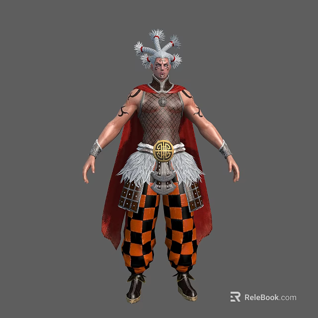 Mythical Character With Creature Inspired Headdress Arm Tattoos Red Cape And Checkered Pants 3d model 