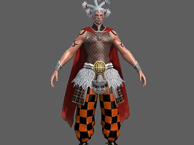 Mythical Character With Creature Inspired Headdress Arm Tattoos Red Cape And Checkered Pants 3d model