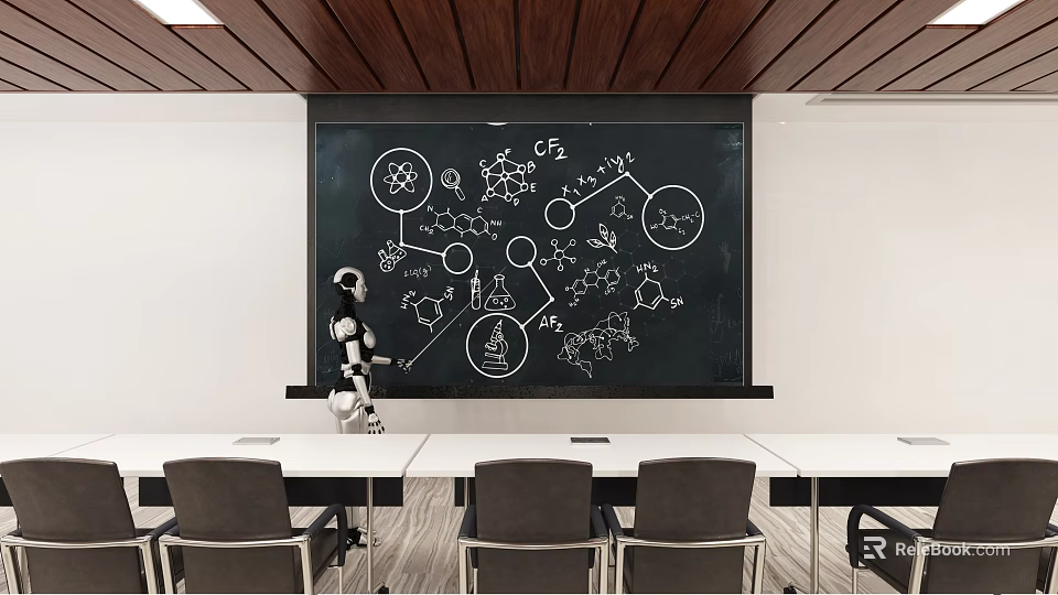School Chemistry Classroom With Robot And Molecular Structures On Blackboard 3d model 