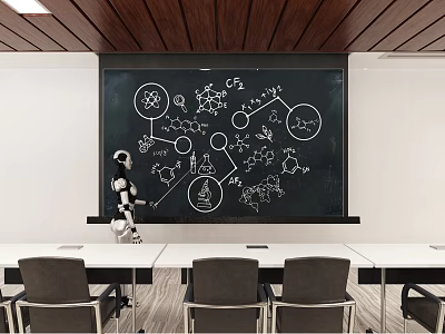School Chemistry Classroom With Robot And Molecular Structures On Blackboard 3d model