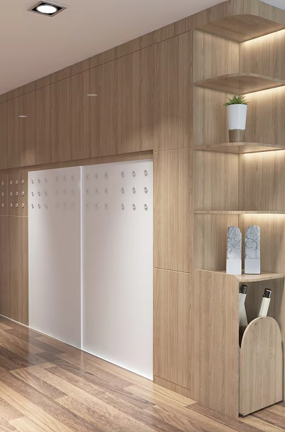 Modern Wooden Bookcase With Built-in Lighting Shelves And Glass Doors In Bright Interior 3d model