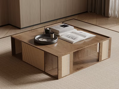 Wooden Coffee Table with Woven Details Tray Cup Open Book in Modern Living Room 3d model
