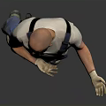 Male Worker In Denim Overalls With Knee Pads Standing And Gesturing On Gray Background