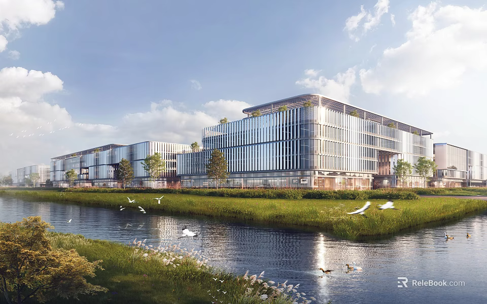 Modern Industrial Factory Building With Glass Facade Near River Green Landscape And Flying Birds 3d model 