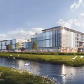 Modern Industrial Factory Building With Glass Facade Near River Green Landscape And Flying Birds