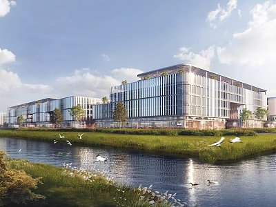 Modern Industrial Factory Building With Glass Facade Near River Green Landscape And Flying Birds 3d model