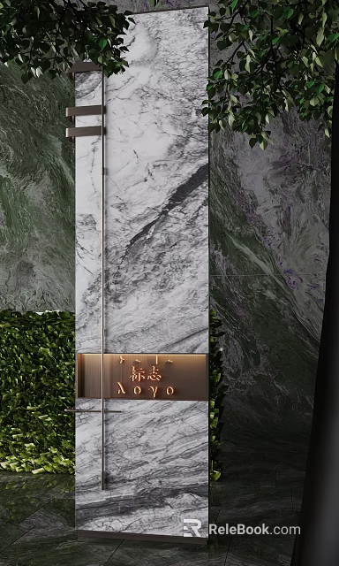 Luxurious Marble Screen Design With Metal Sign And Greenery Background 3d model 