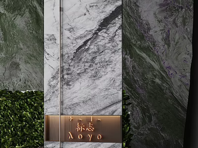 Luxurious Marble Screen Design With Metal Sign And Greenery Background 3d model