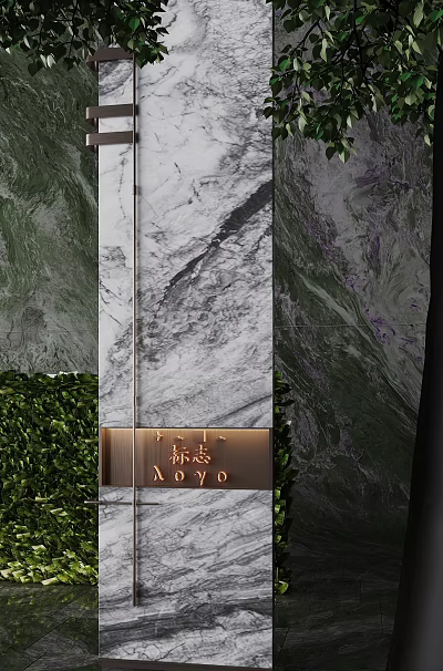 Luxurious Marble Screen Design With Metal Sign And Greenery Background 3d model
