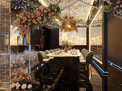 Elegant Modern Restaurant Interior With Floral Ceiling Decor Chandelier Dining Table Chairs And Ambient Lighting 3d model