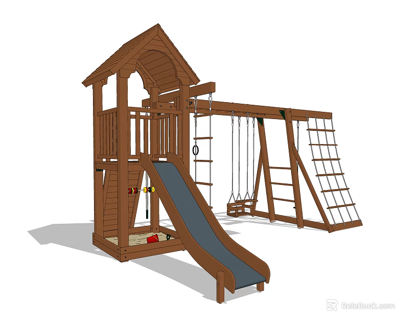 Outdoor Wooden Playground Equipment with Slide Swings Climbing Ladder and Tower 3d model 