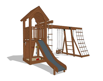Outdoor Wooden Playground Equipment with Slide Swings Climbing Ladder and Tower 3d model