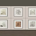 Framed Artwork Wall Display With Six Pieces In Two Rows Three Columns On Light Background