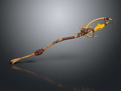 Fantasy Wooden Staff Weapon With Leather Straps And Yellow Spiked Top 3d model