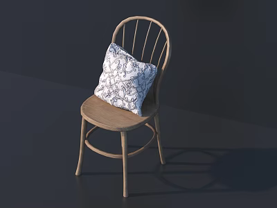 Wooden Accent Chair with Curved Backrest and Patterned Cushion in Light Wood Finish 3d model