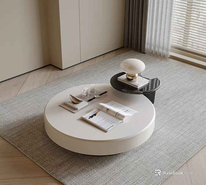 Modern Round White Coffee Table With Magazines Black Nested Table And Lamp In Minimalist Space 3d model 