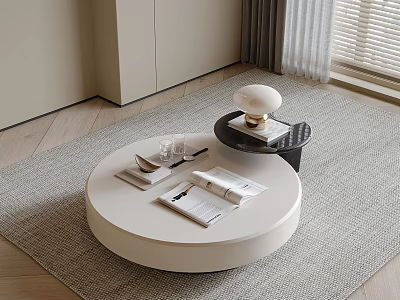 Modern Round White Coffee Table With Magazines Black Nested Table And Lamp In Minimalist Space 3d model