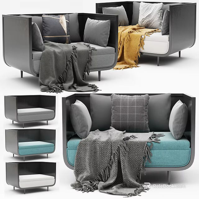 Modern Single Sofa With Gray Blue Upholstery Throw Blanket And Cushions 3d model